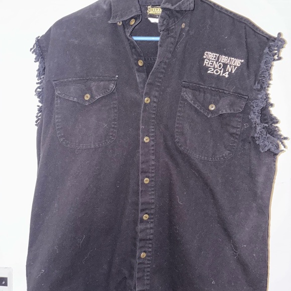 Black Sleeveless Denim Shirt with Embroidery - Picture 1 of 4